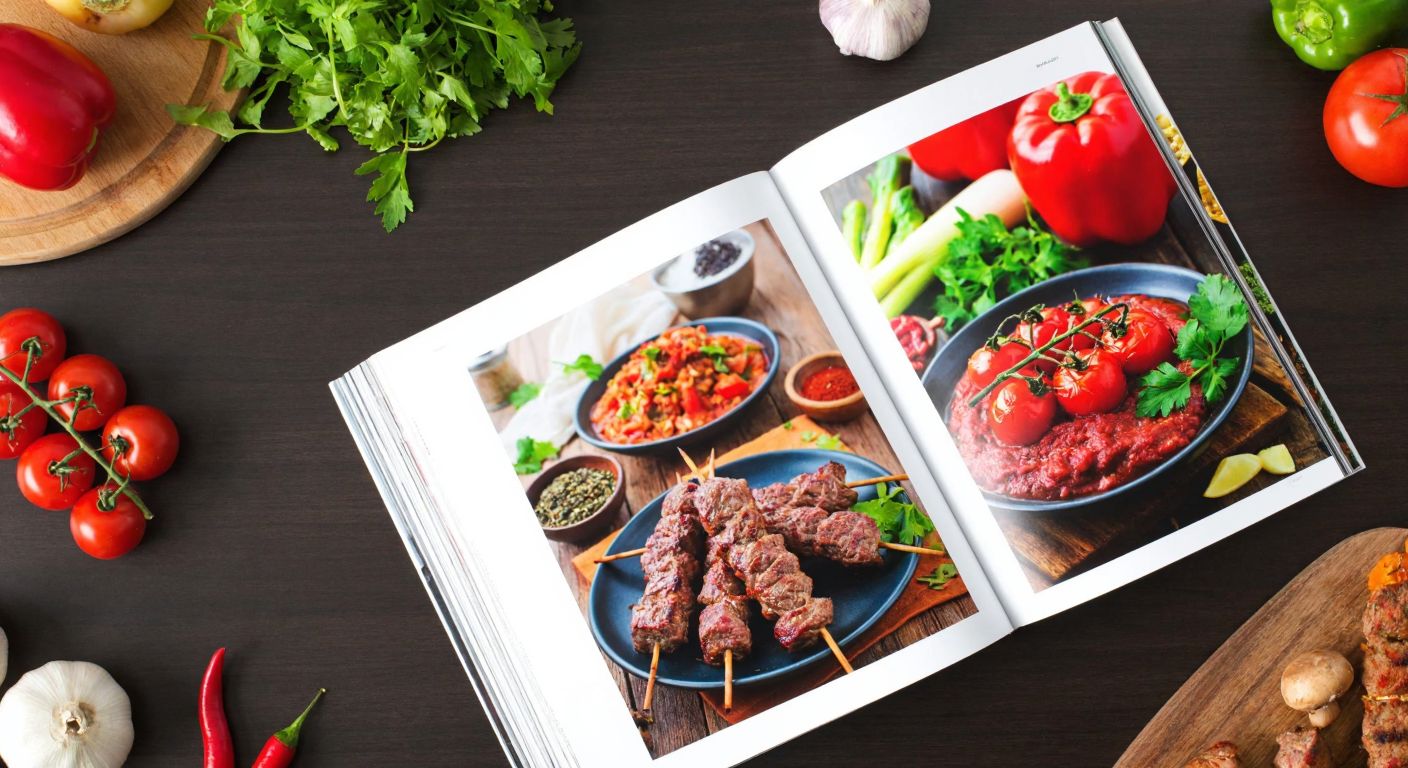 A vibrant Turkish kitchen scene with an open food magazine displaying colorful dishes, fresh ingredients like tomatoes and herbs, and a steaming plate of kebabs in the foreground.