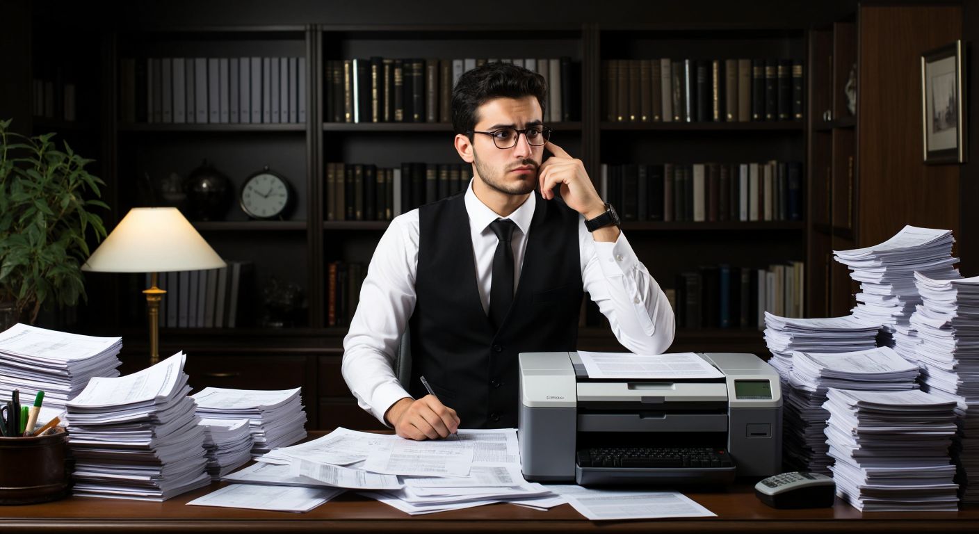A Turkish accountant in a modern office compares stacks of receipts (expenses) with a large ledger and a purchased office printer (expenditure), looking thoughtful.