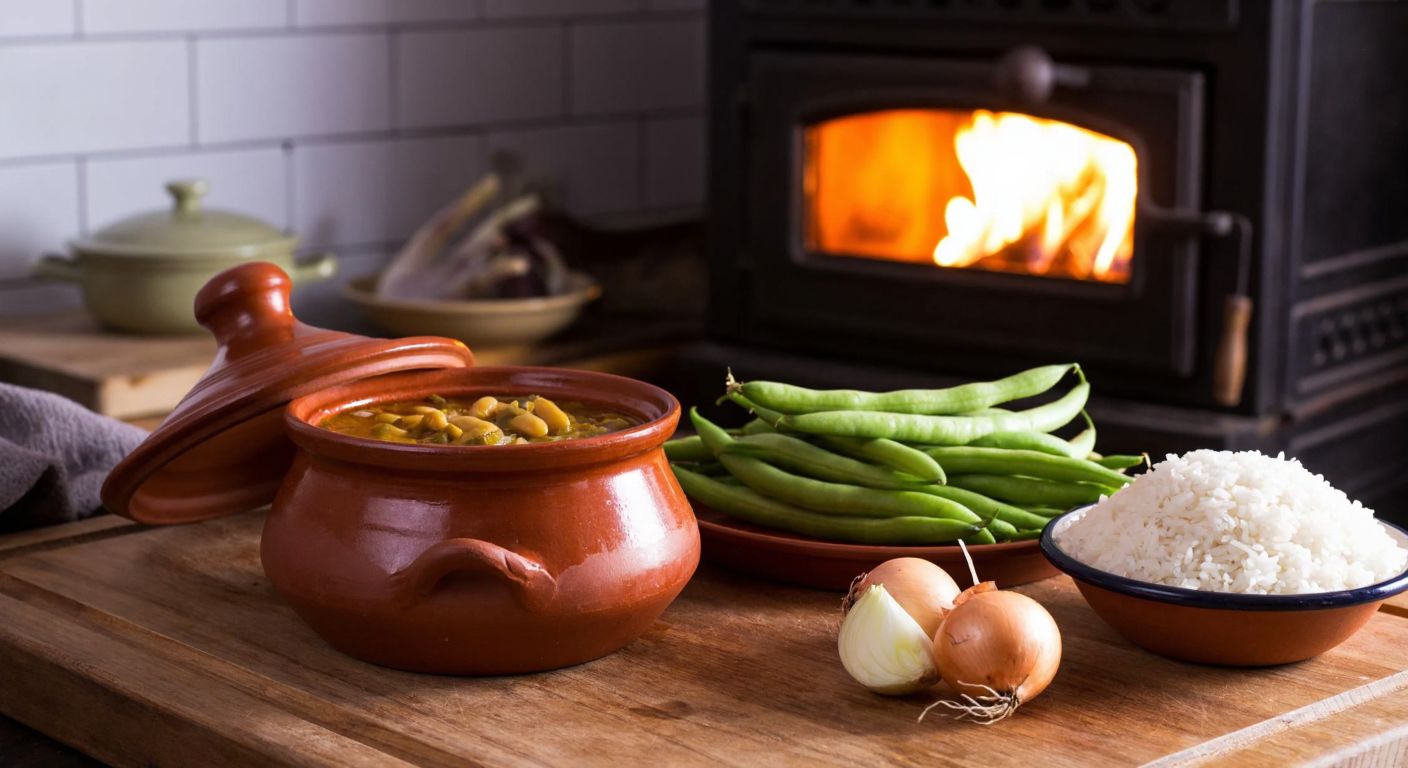 A rustic wooden table in a cozy Black Sea kitchen, topped with a steaming clay pot of fasulye diplemesi, surrounded by fresh green beans, onions, and a bowl of rice, with a warm glow from a traditional stove in the background.