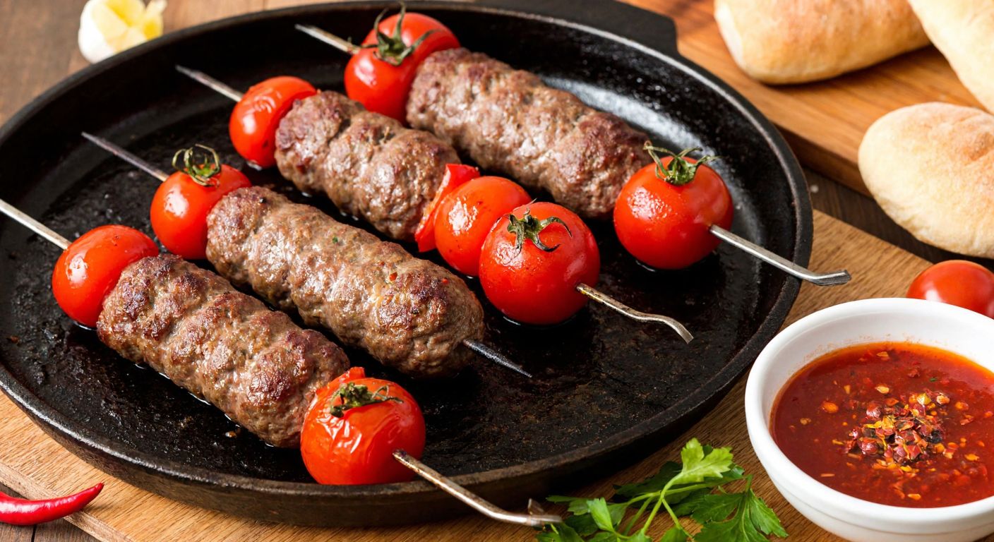 A close-up of sizzling Tire köftesi skewered on steel rods, glistening with melted butter, surrounded by fresh tomatoes simmering in their juices, with a rustic wooden table and a bowl of red pepper flakes nearby.