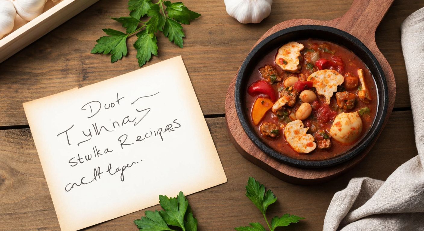 A wooden puzzle piece shaped like a steaming pot of Turkish stew sits beside a handwritten recipe scroll on a rustic kitchen table.