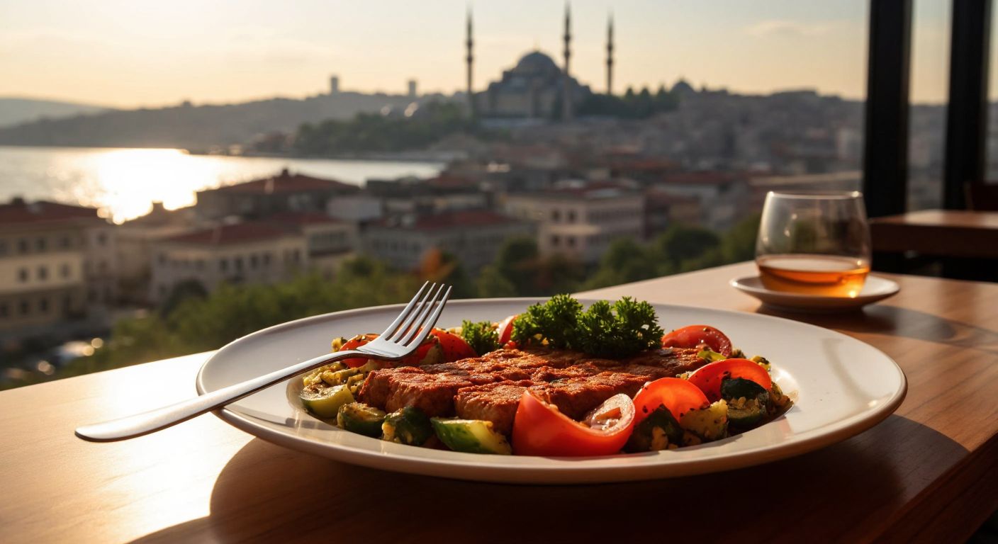 A stainless steel fork with a sleek design rests on a wooden table beside a plate of Turkish meze, with the Istanbul skyline visible through a sunlit window.