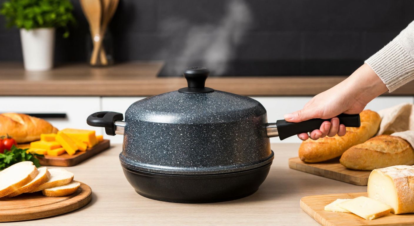 A compact, granite-coated stovetop toaster sits on a Turkish kitchen counter, surrounded by fresh bread and cheese, with steam rising from its slightly open lid, while a hand reaches to check its warmth.