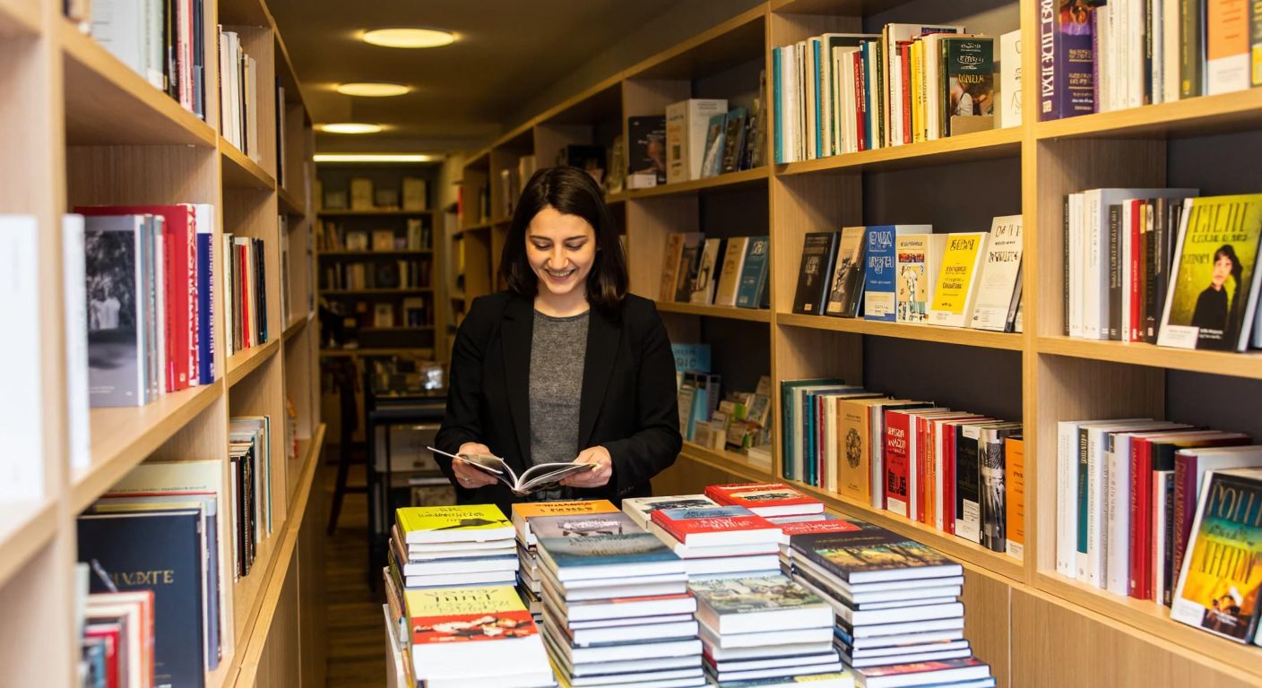 A cozy Turkish bookstore with neatly stacked books from Epsilon Yayınevi on wooden shelves, a smiling customer flipping through a well-printed book, and a shopkeeper nodding reassuringly in the background.