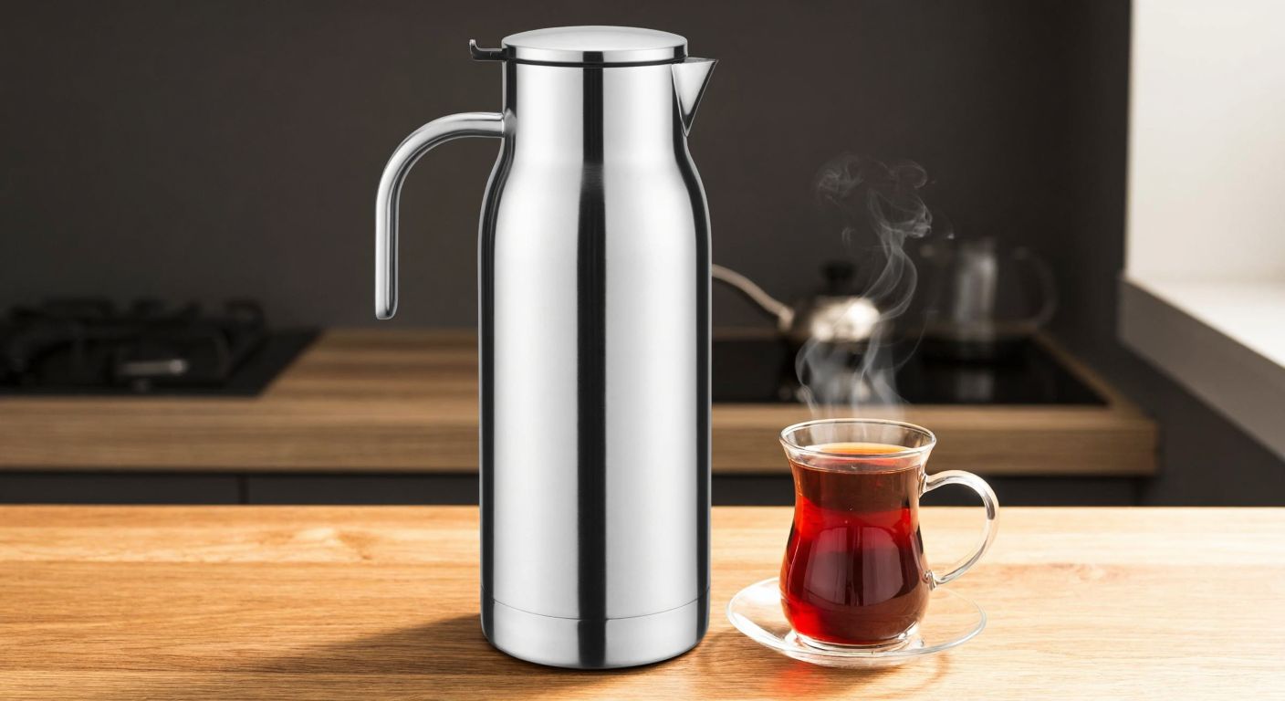 A gleaming stainless steel thermos with a polished 304-grade finish sits on a wooden table beside a steaming cup of Turkish tea, reflecting durability and safety.