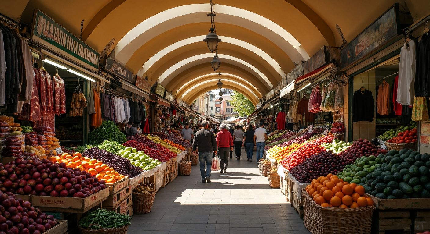A bustling Turkish covered market with vibrant piles of seasonal fruits and vegetables, stalls of cured meats, racks of clothing, hardware tools, and baskets of organic village products, all under a sunlit arched roof with people haggling and chatting.