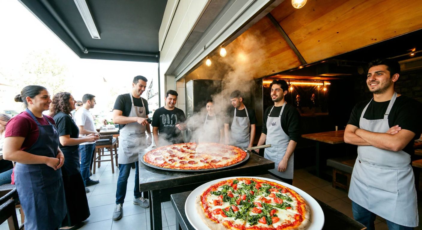 A bustling pizza restaurant in Ankara's Çankaya district, with a steaming hot pizza fresh from the oven, surrounded by cheerful customers and chefs in aprons, evoking warmth and excitement.