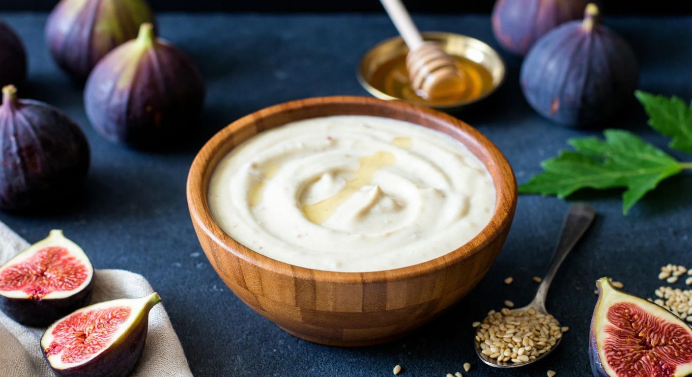 A wooden bowl filled with creamy tahini-yogurt mixture sits on a rustic table, surrounded by fresh figs, sesame seeds, and a drizzle of honey, evoking warmth and nourishment in a traditional Turkish kitchen.