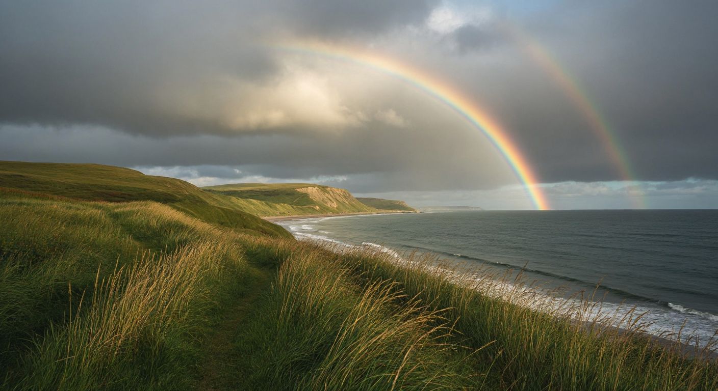 A misty Danish coastline with rolling gray clouds, a gentle ocean breeze bending tall grasses, and a faint rainbow arching over the damp, green hills.