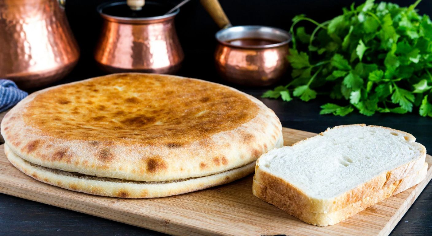 A warm, golden-brown bazlama bread sits on a wooden cutting board next to a single slice of white bread, with a traditional Turkish kitchen backdrop featuring copper pots and fresh herbs.