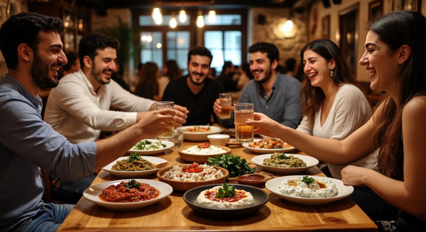 A lively Turkish meyhane with wooden tables, plates of meze like ezme and haydari, glasses of rakı, and a bustling atmosphere of friends laughing and clinking drinks.