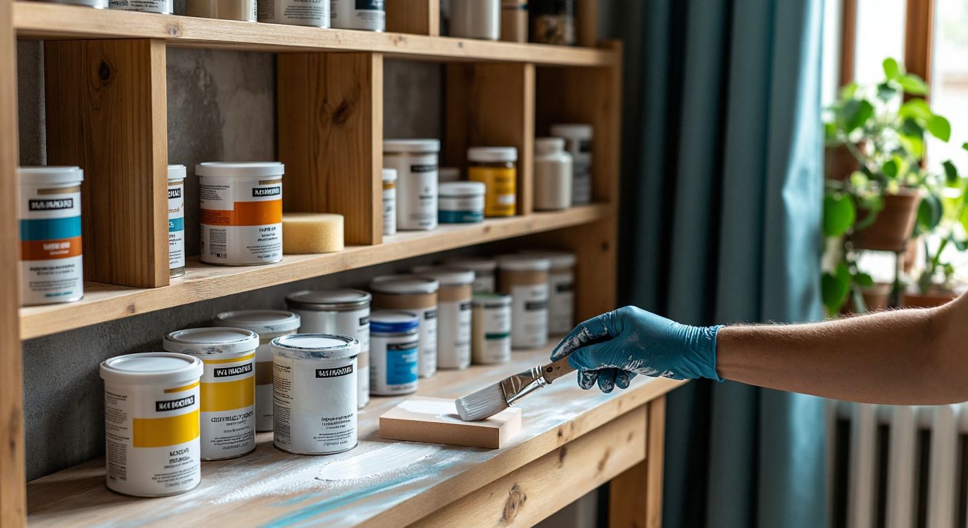 A wooden bookshelf in a cozy Turkish home, surrounded by paint cans labeled with acrylic, oil-based, and spray paint, with a sanding block resting nearby, as a person wearing gloves carefully applies a brushstroke of white paint.