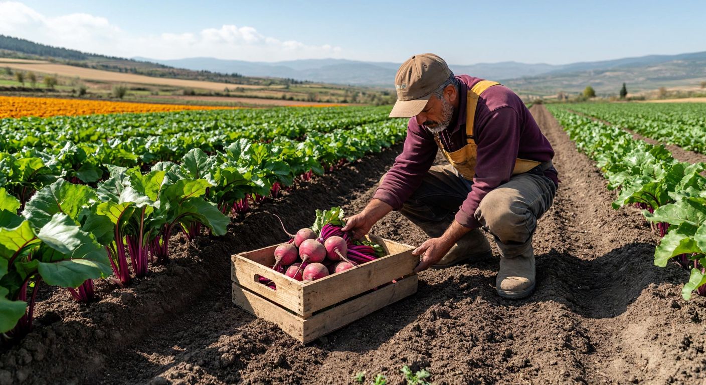 A sunlit Turkish farmland with rows of vibrant green sugar beet plants stretching toward the horizon, a farmer in traditional workwear kneeling to inspect the soil, holding a handful of fresh beet seeds with a wooden crate nearby filled with harvested beets.