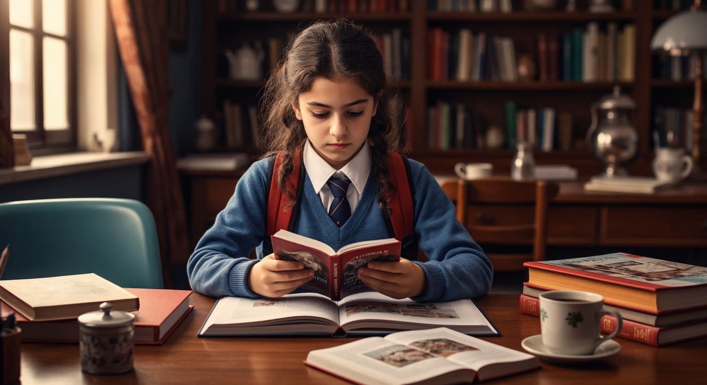 A young student in a Turkish school uniform sits at a wooden desk, intently tapping a smartphone screen with one hand while holding a Fenomen Yayınları textbook in the other, surrounded by scattered notebooks and a steaming cup of çay.