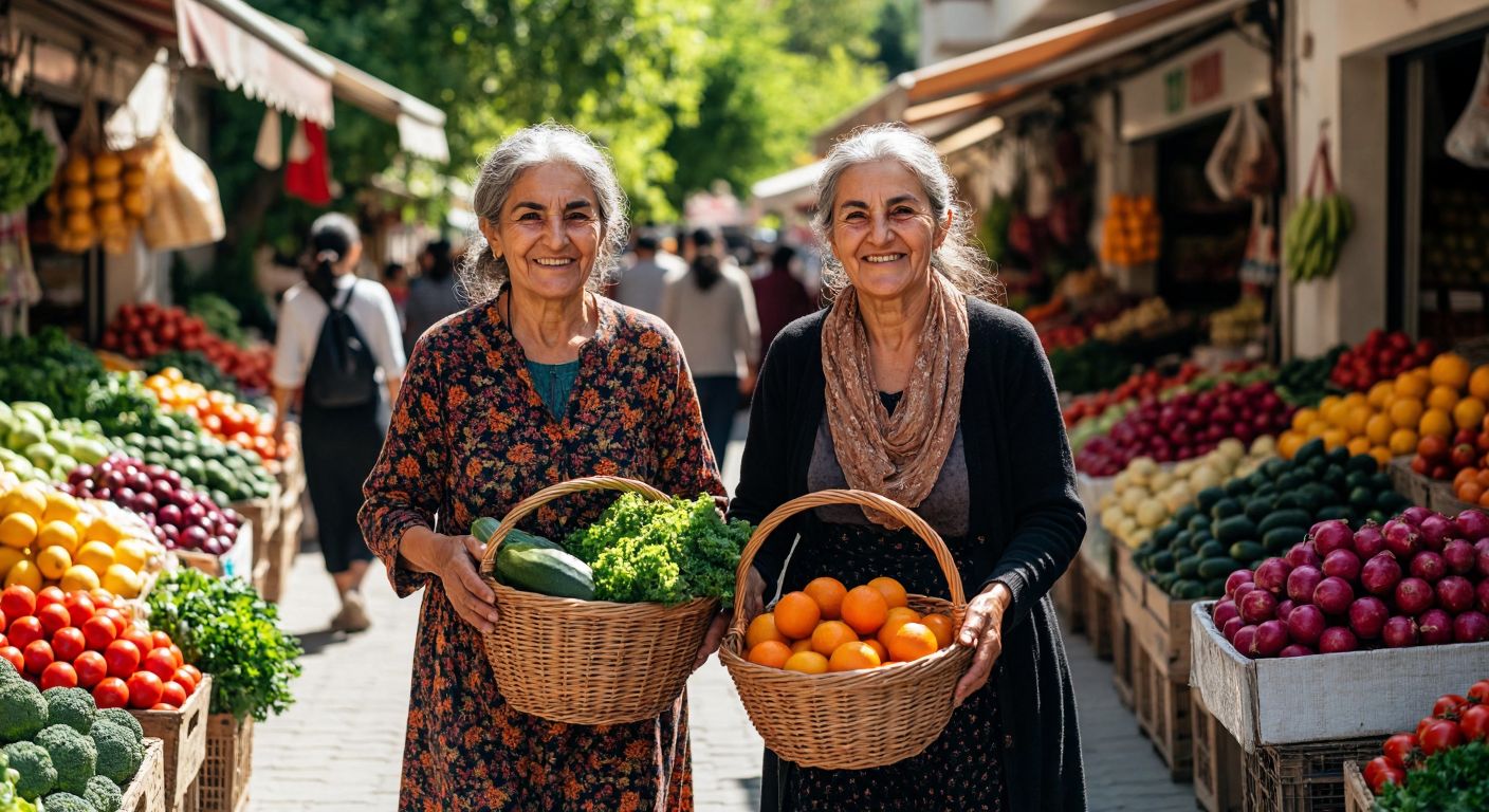 A warm, sunlit Turkish market scene with a smiling elderly woman holding a woven basket, guided gently by a younger volunteer carrying fresh produce, surrounded by colorful fruits and vegetables.