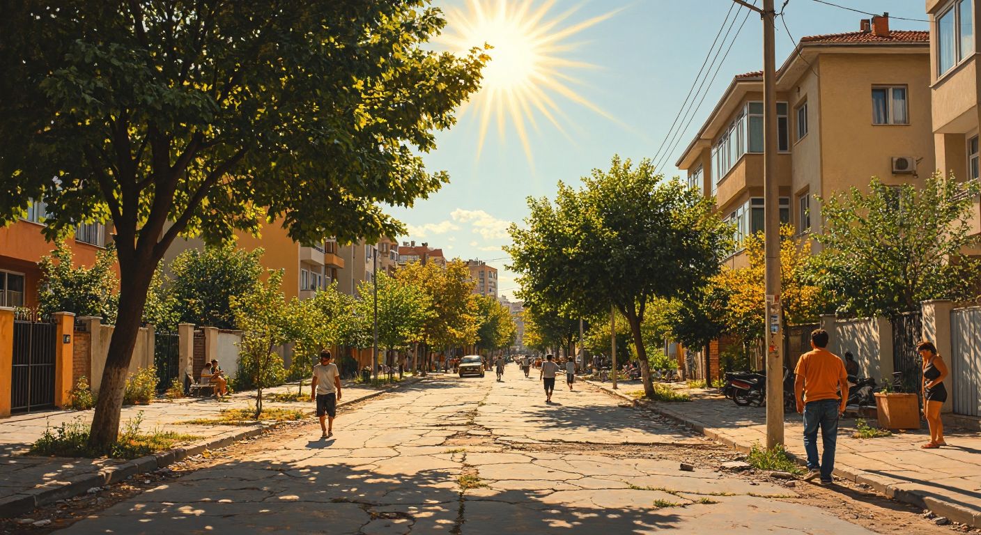 A sun-scorched urban neighborhood in Bağcılar with cracked pavement, sparse trees, and people fanning themselves in the shade, under a blazing sky with heat waves distorting the air.