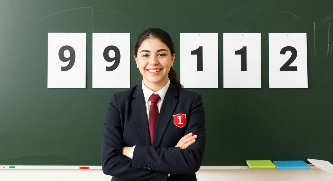 A cheerful Turkish high school student in uniform stands in front of a chalkboard with four identical notebooks labeled "9," "10," "11," and "12," each with a bold lowercase "i" written on their covers.