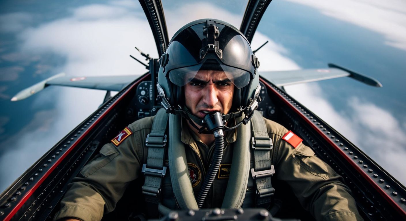 A Turkish fighter pilot in a cockpit, gripping the controls tightly with a strained expression, while the aircraft banks sharply against a blurred sky, conveying intense G-force pressure.