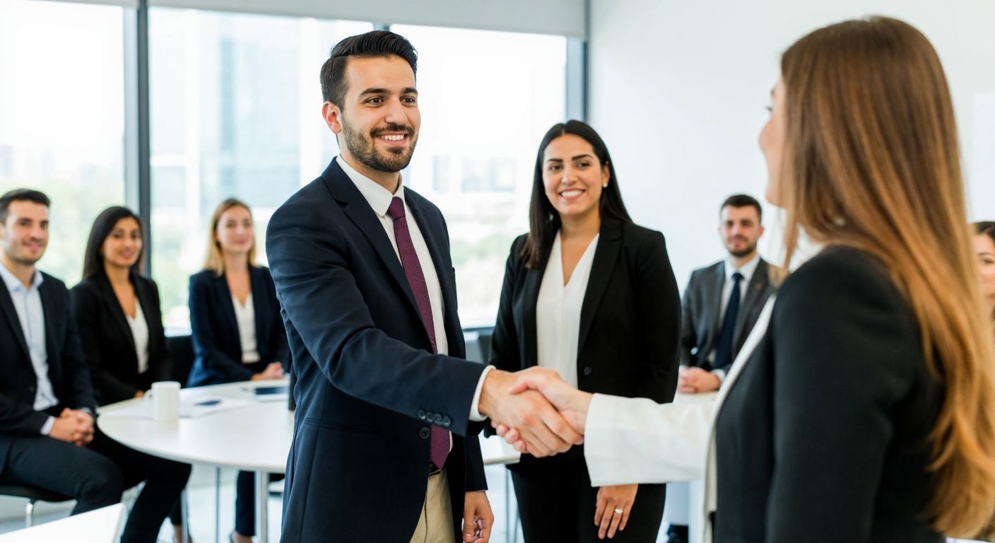 A professional Turkish HR consultant in a sleek office shakes hands with a business client, while a group of diverse job candidates attends a training session in the background.