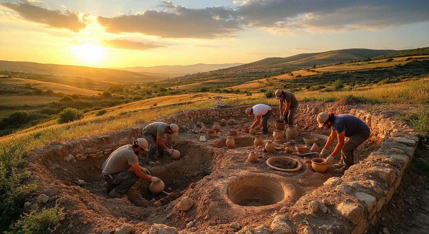 A group of archaeologists carefully excavating ancient pottery and tools under the golden sunlight at a historical dig site in Turkey, surrounded by rolling hills and fragments of ancient structures.