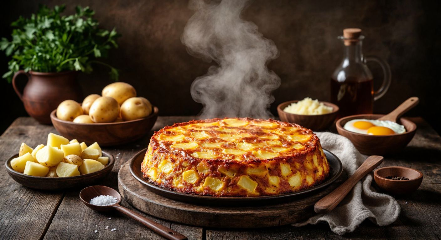 A warm, golden-brown potato cake sits on a rustic wooden table, surrounded by freshly chopped potatoes, a bowl of beaten eggs, and a wooden spoon, with steam rising from the cake in a cozy Turkish kitchen.