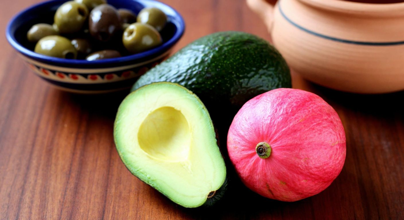 A vibrant wooden table in a Turkish kitchen displays a ripe green avocado sliced open next to a pink-fleshed guava, their contrasting textures and colors highlighting their differences, with a traditional ceramic bowl of olives in the background.