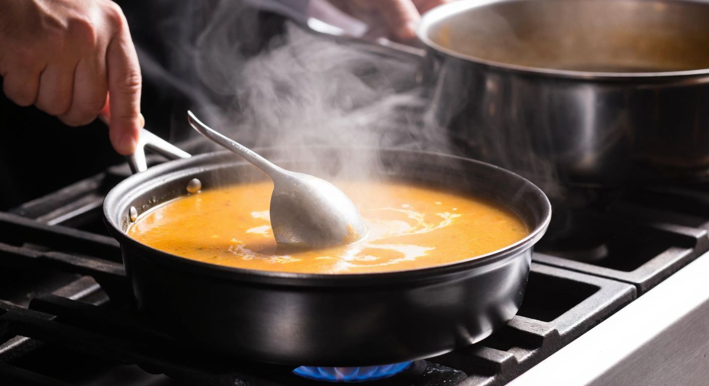 A steaming pot of Turkish çorba (soup) simmering gently on a stovetop, with a chef's hand adjusting the flame to maintain a low heat, evoking warmth and culinary precision.