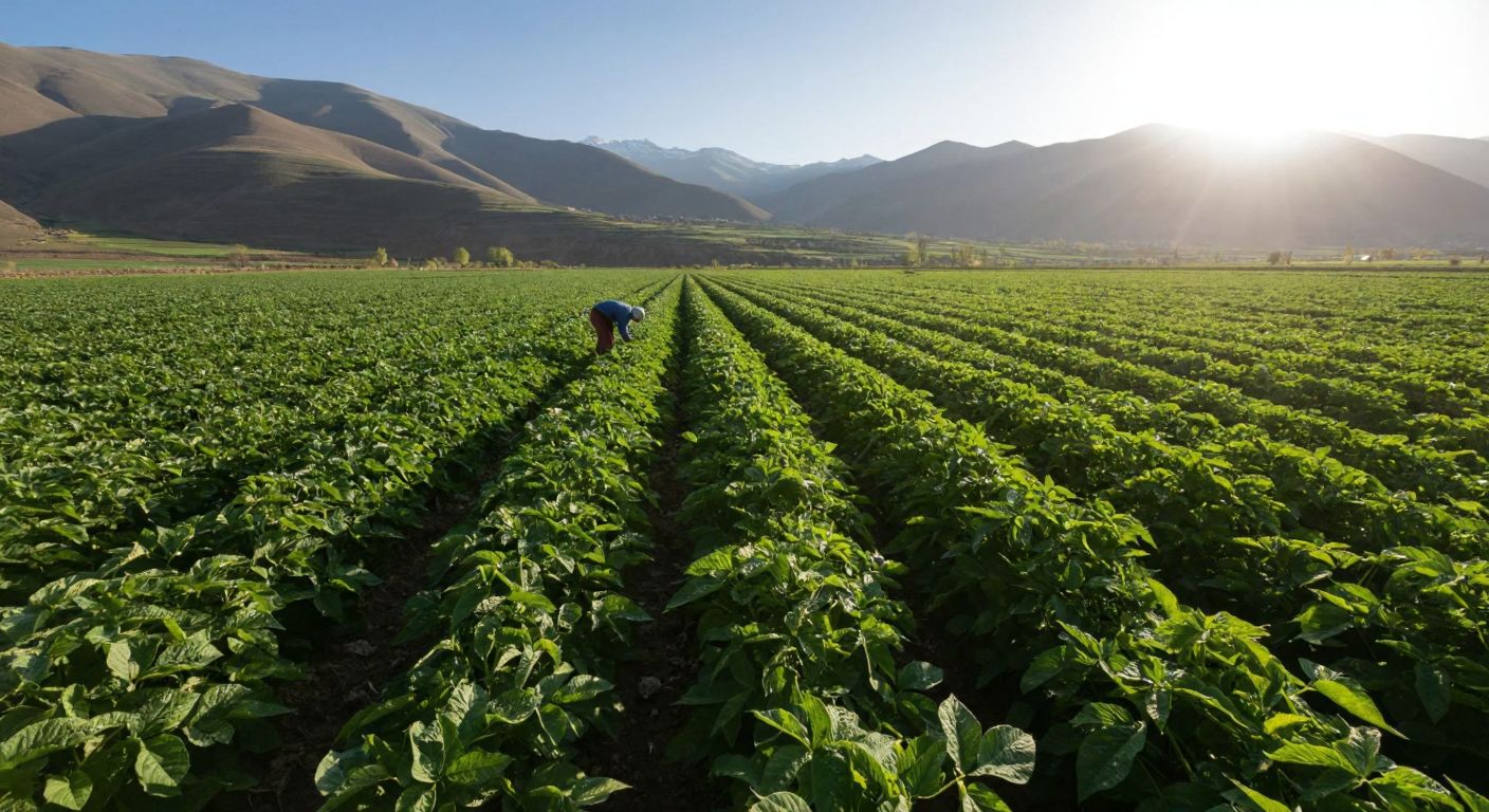 A vast, sunlit field in Ahlat, Bitlis, with rows of lush green dermason bean plants stretching toward distant mountains, while a local farmer in traditional attire carefully tends to the crops.