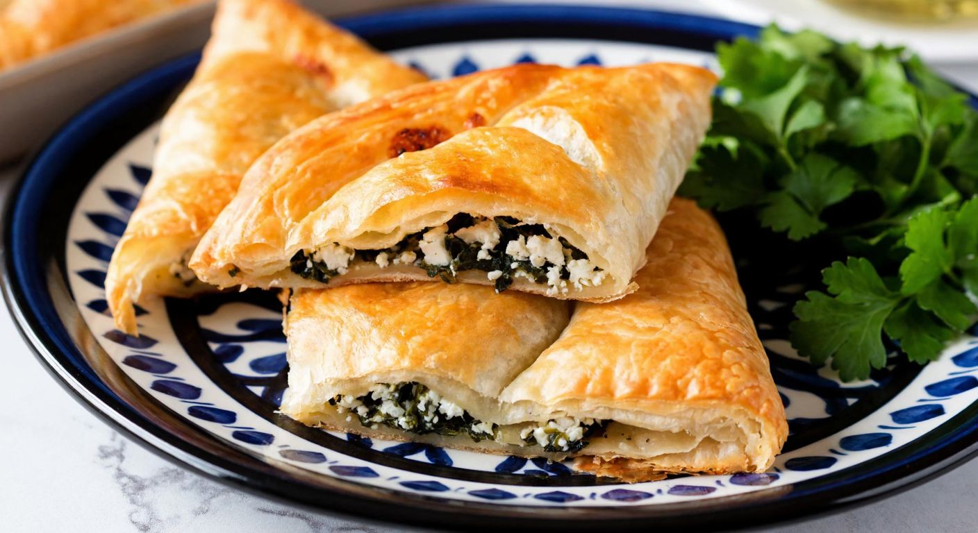 A golden, flaky börek fresh from the oven, its layers revealing a savory filling of crumbled çökelek cheese and herbs, placed on a traditional Turkish ceramic plate with a side of fresh parsley.