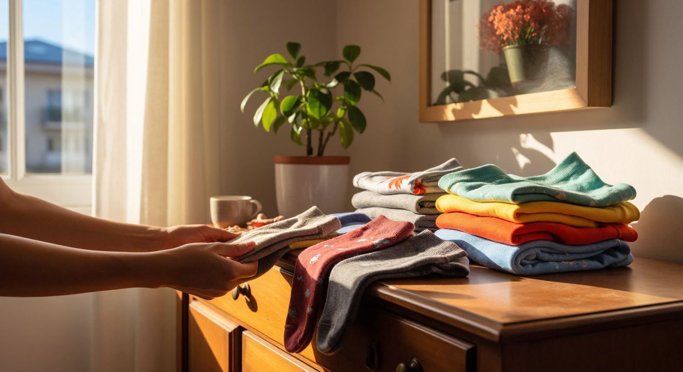 A neatly folded pile of fresh, colorful socks on a wooden dresser in a sunlit Turkish home, with a pair of hands reaching to replace a worn sock.