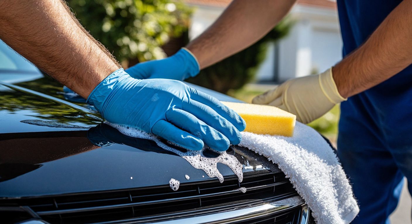 A close-up of a person’s hands wearing rubber gloves, carefully wet-sanding a car’s freshly touched-up paint with a damp sponge and fine-grit sandpaper, surrounded by a bucket of soapy water, a microfiber towel, and a clay bar on a sunlit driveway in Turkey.