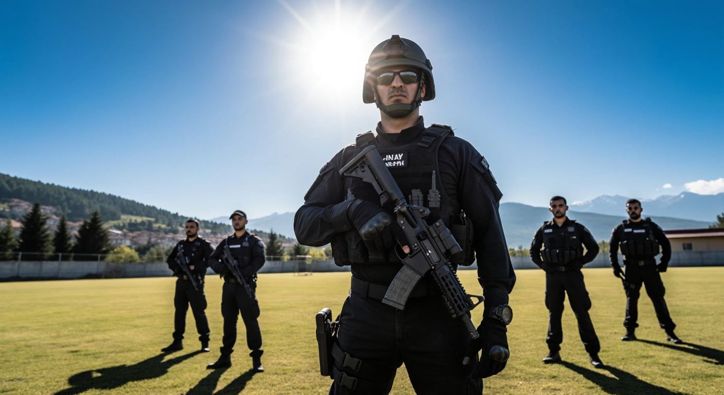 A determined Turkish SWAT officer in full tactical gear stands on a training field, demonstrating a drill while other officers observe intently under a bright sun.