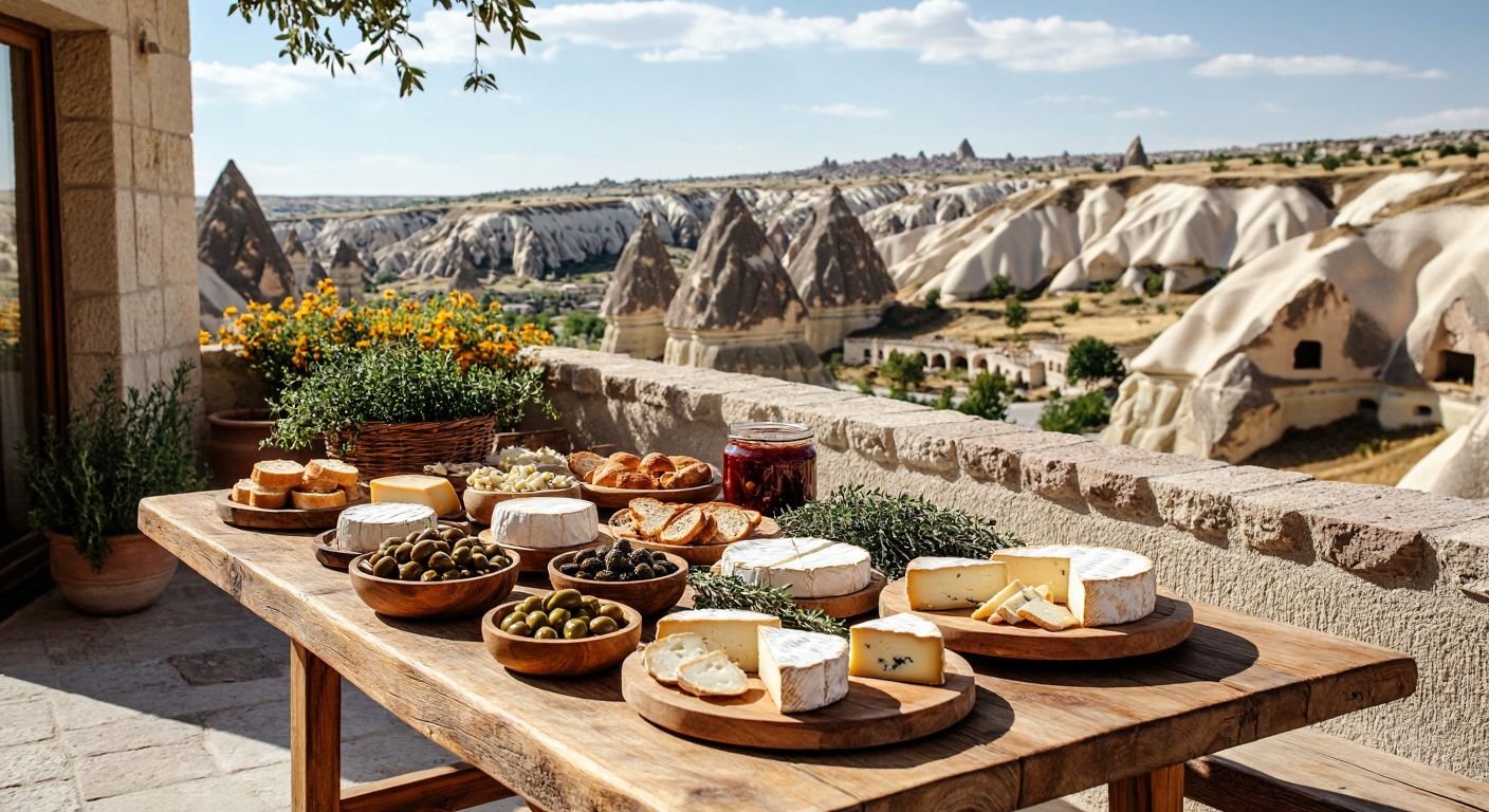 A sunlit stone terrace in Cappadocia overlooks fairy chimneys, with a rustic wooden table laden with fresh cheeses, olives, homemade jams, warm bread, and herbs, surrounded by cheerful locals in traditional woven vests.