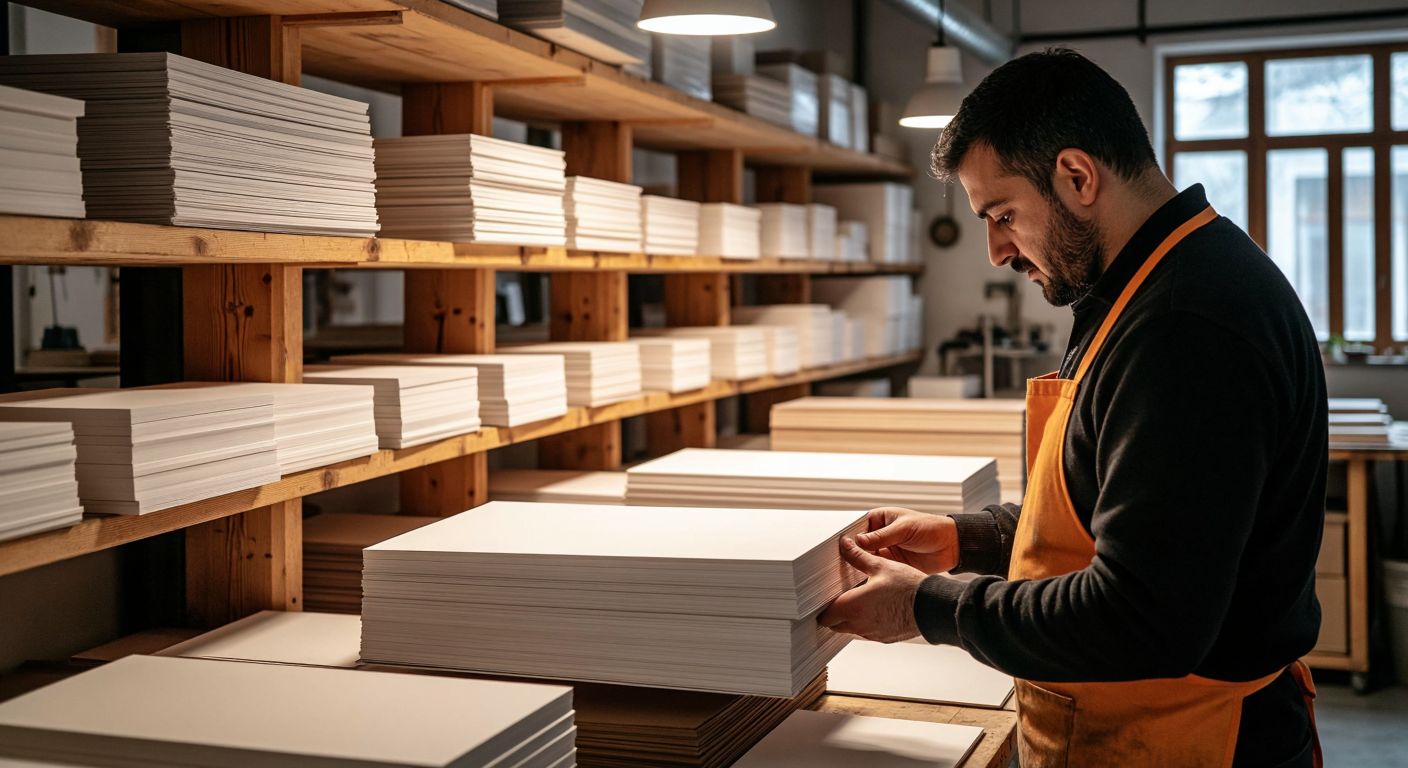 A Turkish printing workshop with stacks of glossy kuşe paper, matte-coated sheets, and textured premium papers neatly arranged on wooden shelves, while a craftsman carefully examines a sample under warm lighting.