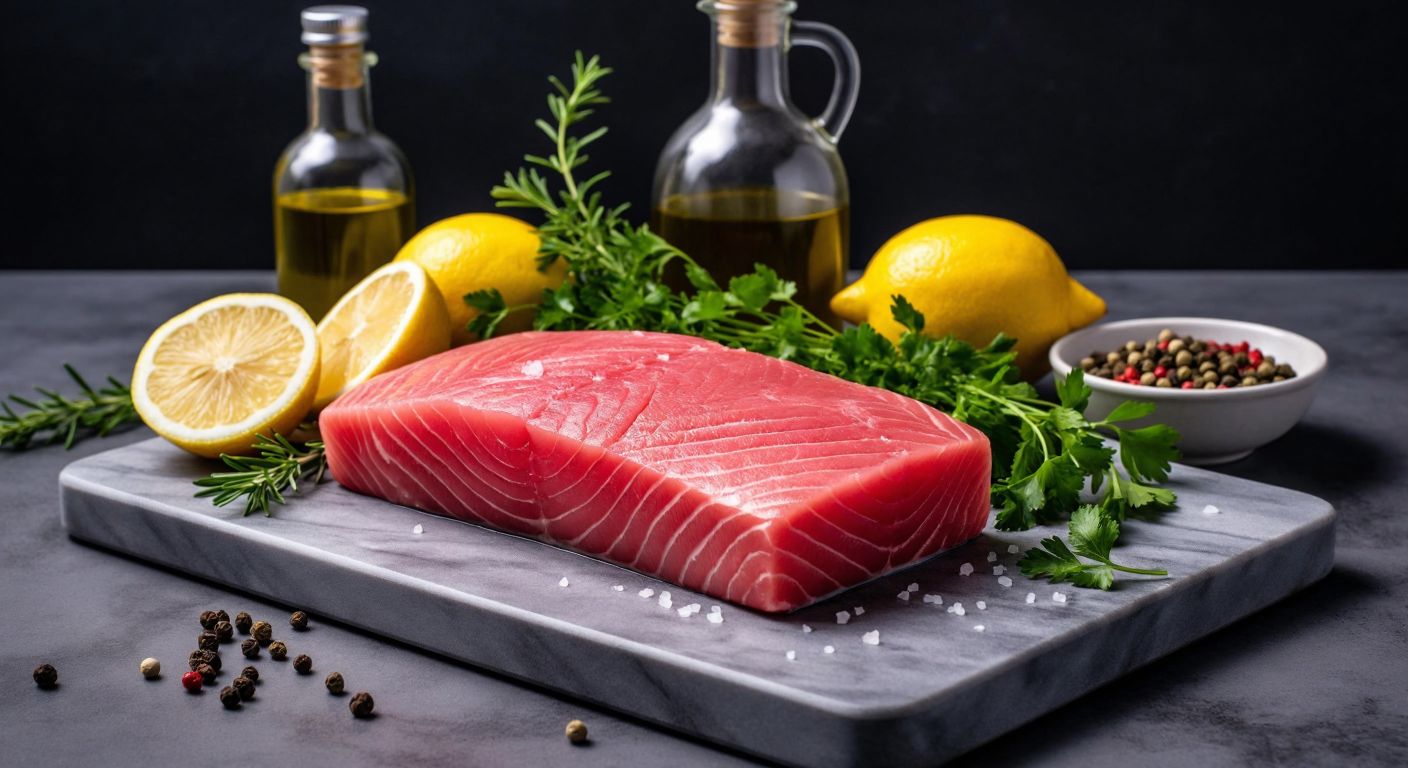A fresh bluefin tuna fillet glistening on a marble countertop in a Turkish kitchen, surrounded by vibrant lemons, olive oil, and fresh herbs, with a heart-shaped symbol subtly reflecting its health benefits and a dark shadow hinting at mercury risks.