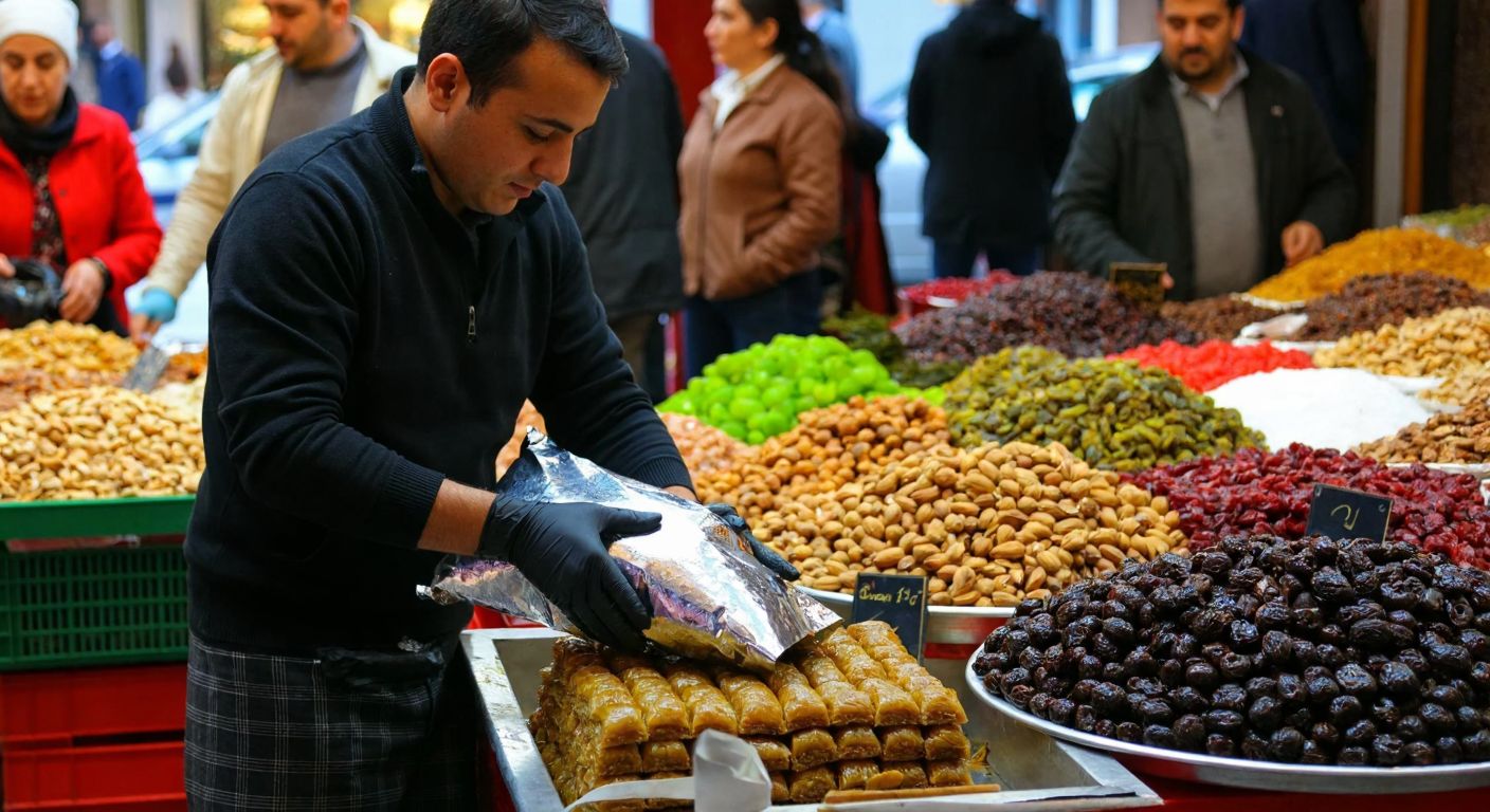 A vibrant Turkish marketplace scene with a vendor carefully sealing fresh baklava in a shiny metallic bag while customers browse colorful displays of nuts and dried fruits nearby.