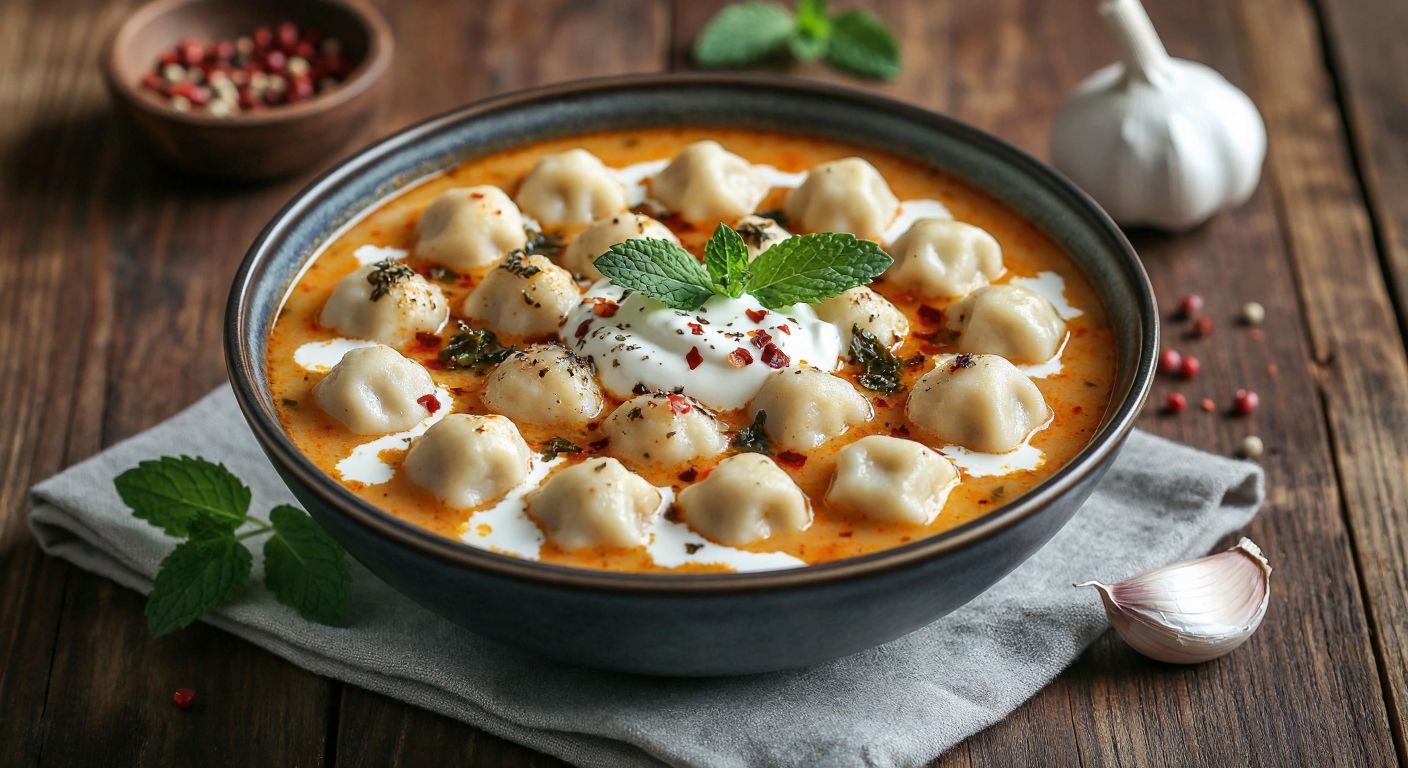 A steaming bowl of Turkish *mantı çorbası* with tiny dumplings, drizzled with creamy yogurt, sprinkled with dried mint and red pepper flakes, and garnished with a garlic clove on a rustic wooden table.