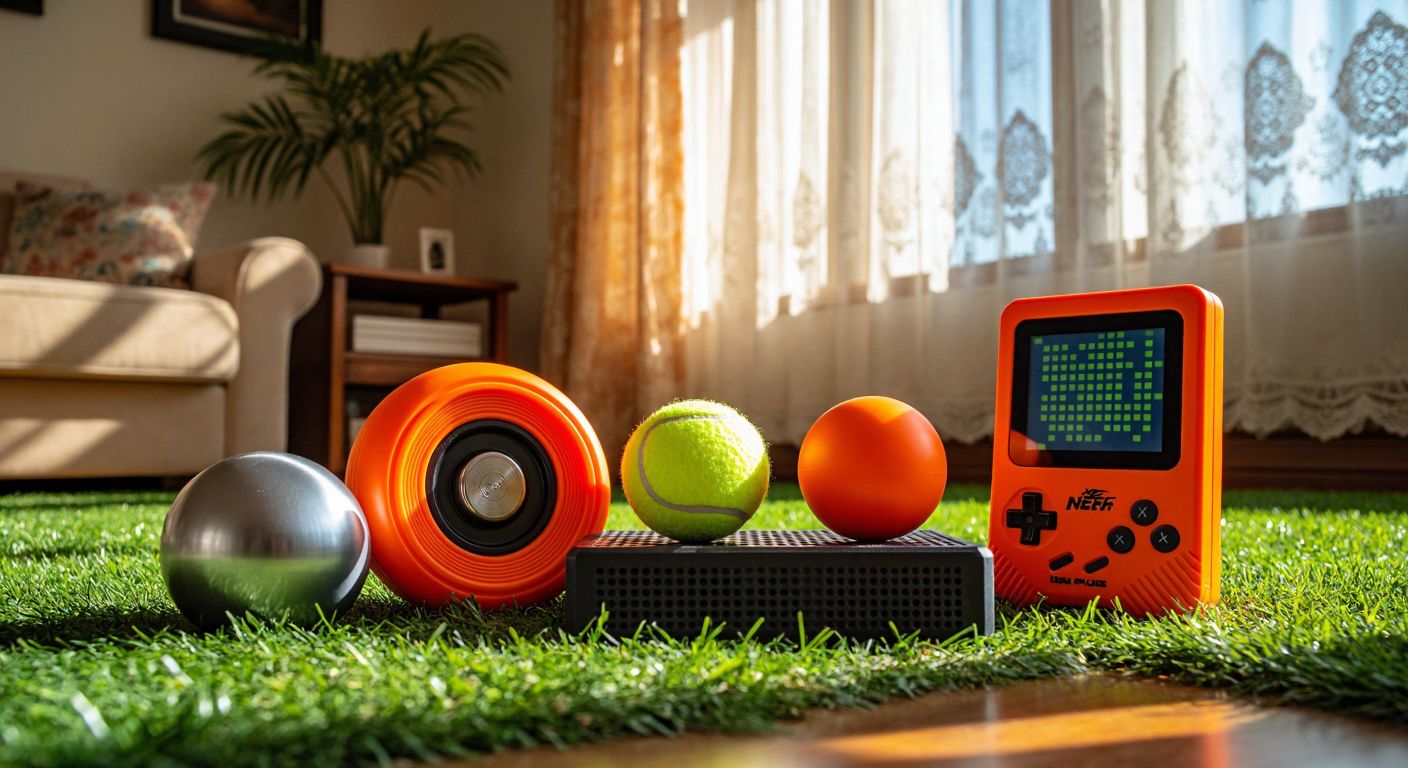 A vibrant display of colorful toys—a sleek silver yoyo mid-spin, a bright orange Nerf tennis ball launcher resting on grass, a smooth black fidget cube with textured sides, and a retro handheld game console with a pixelated screen—arranged on a wooden table in a cozy Turkish living room with warm sunlight streaming through lace curtains.