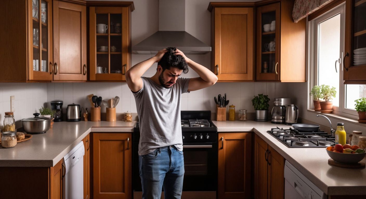 A frustrated homeowner in a Turkish kitchen stands beside a freestanding gas stove, scratching their head while looking at an empty counter space meant for a built-in stove.