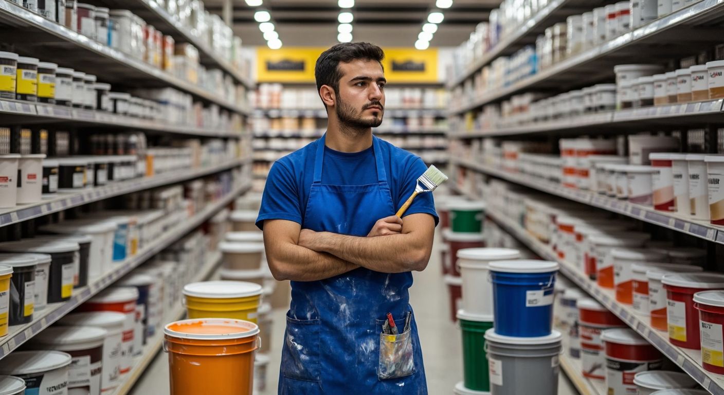 A Turkish painter in a blue work apron stands thoughtfully in a hardware store aisle, holding a paint roller while surrounded by colorful buckets of interior and exterior paints.