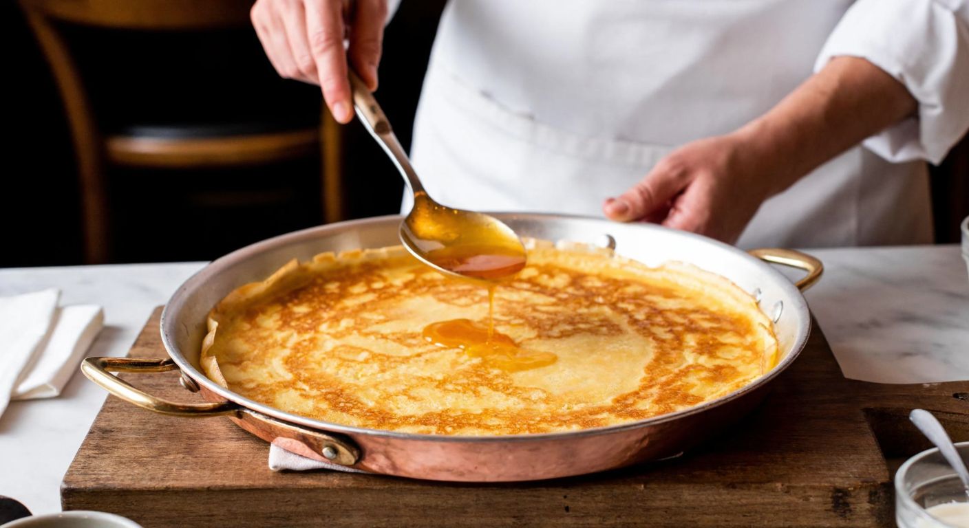 A golden French crêpe Suzette flambéed in a copper pan, drizzled with caramelized orange sauce, set on a rustic wooden table in a Parisian café, with a chef in a white apron carefully folding the delicate dessert.