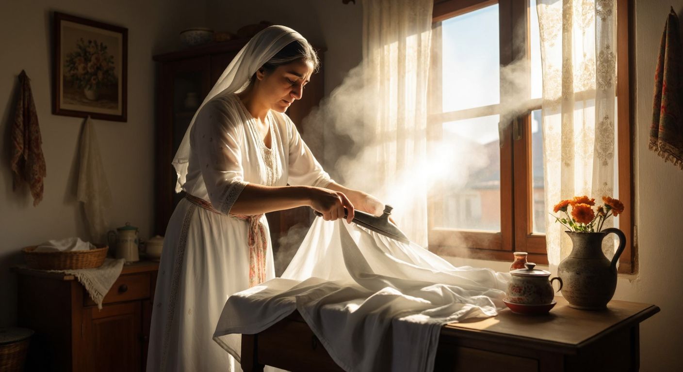 A traditional Turkish woman in a brightly lit home carefully presses a crisp white shirt with a vintage iron, steam rising as sunlight streams through lace curtains.