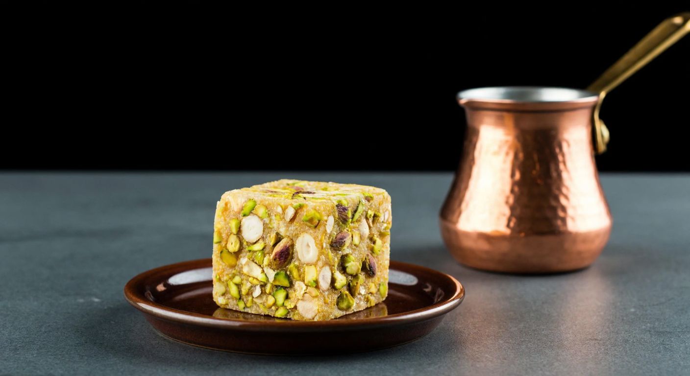 A golden-brown cube of Turkish delight, generously studded with roasted pistachios, sits on a small ceramic plate beside a traditional copper coffee pot, evoking warmth and indulgence.