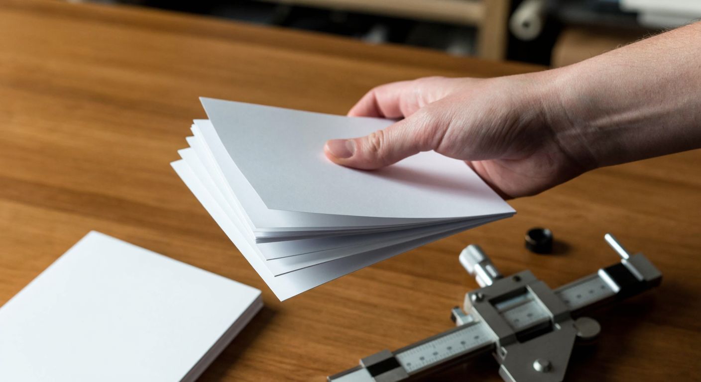 A close-up of a hand holding a stack of different paper types—thin copy paper, glossy photo paper, and thick cardstock—against a wooden table with a micrometer beside them.