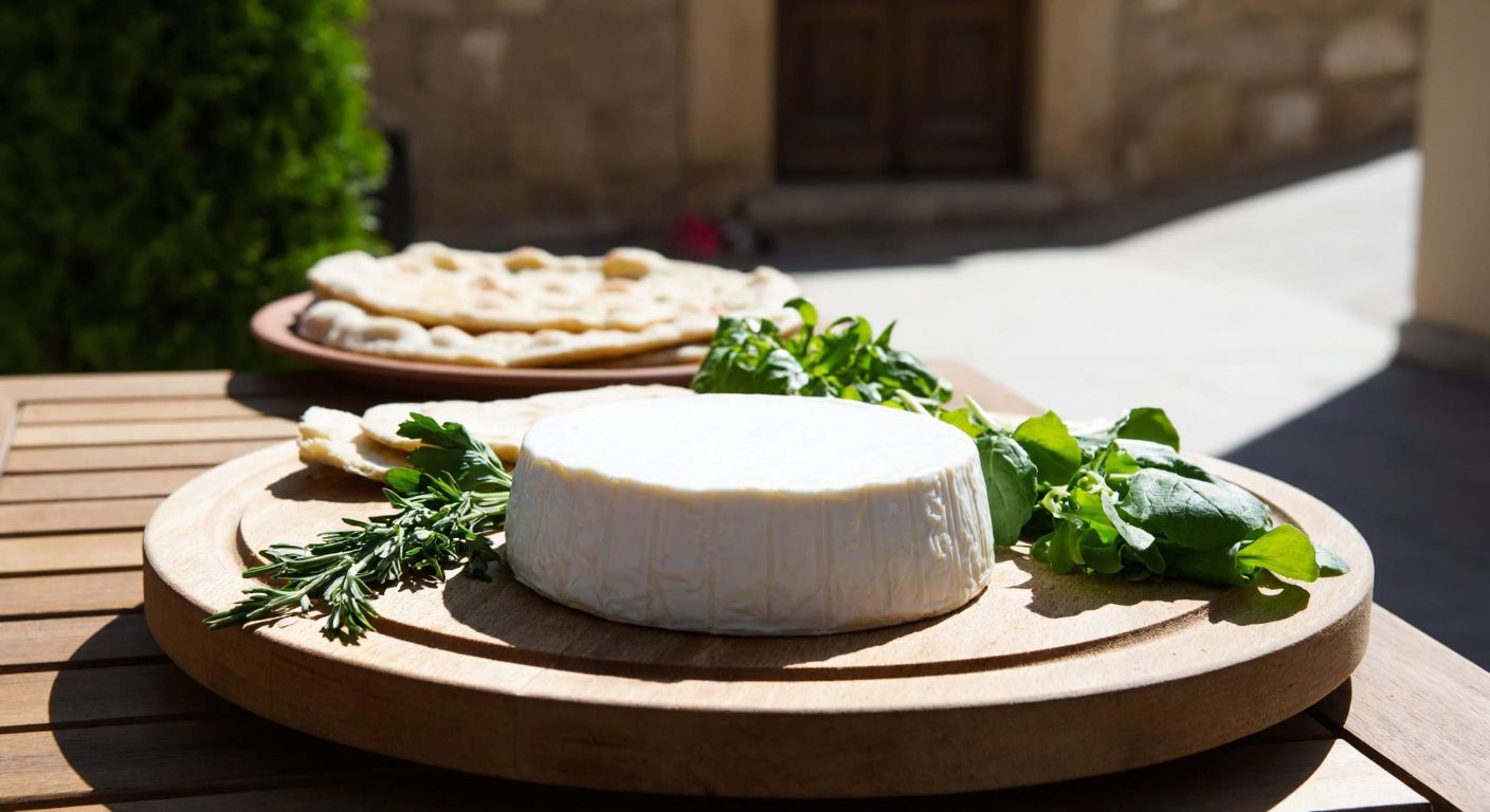 A rustic wooden table in a sunlit Urfa courtyard holds a round, creamy white cheese wheel with a golden crust, surrounded by fresh herbs and warm flatbread.