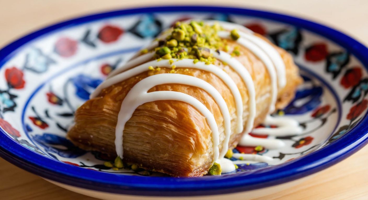 A golden-brown baklava piece drizzled with white chocolate and sprinkled with crushed pistachios, resting on a traditional Turkish ceramic plate.