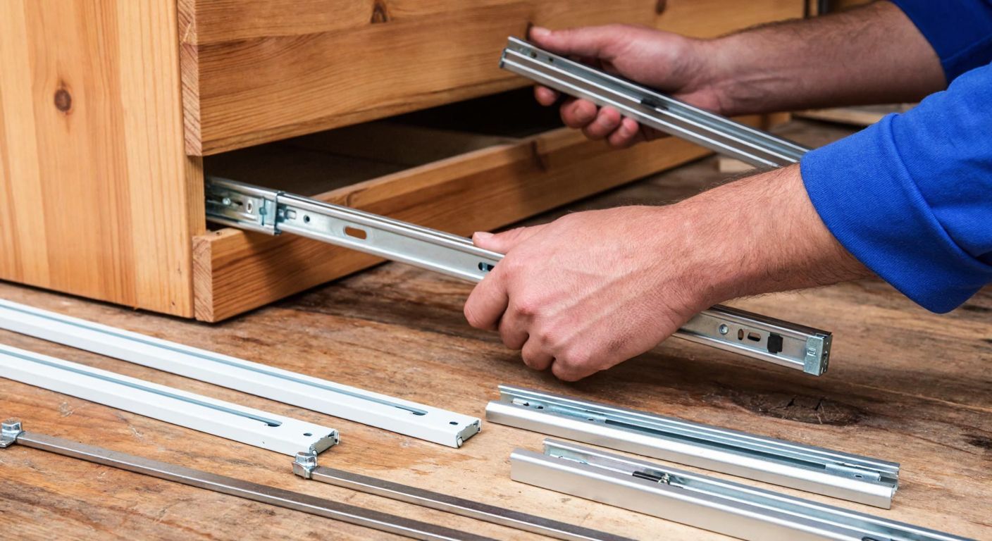 A close-up of a carpenter's hands in a Turkish workshop, carefully installing smooth-gliding metal drawer slides into a wooden cabinet, with various types of drawer rails (telescopic, ball-bearing, soft-close) neatly arranged on a rustic wooden table nearby.