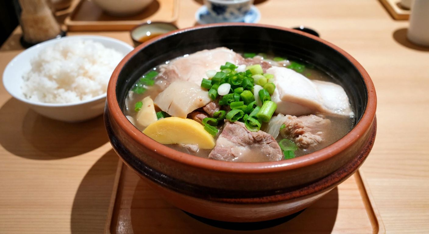 A steaming clay pot of **chankonabe** filled with chicken, beef, fish, cabbage, and mushrooms in a rich dashi broth, garnished with green onions, placed on a wooden table beside a bowl of rice, evoking the hearty meal enjoyed by sumo wrestlers in Japan.