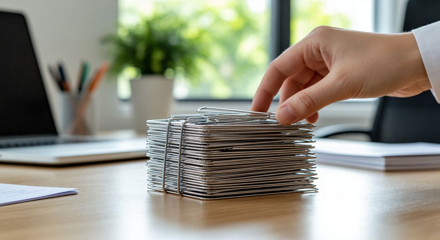 A neatly stacked pile of 1000 silver paper clips on a wooden desk in a bright office, with a hand reaching to take one.