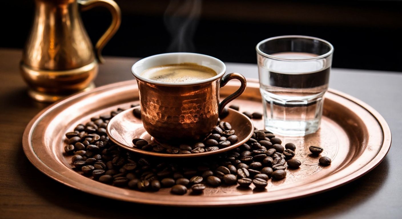 A warm, steaming cup of rich Arabica coffee sits on a traditional Turkish copper tray beside fresh coffee beans and a small glass of water, evoking comfort and vitality.